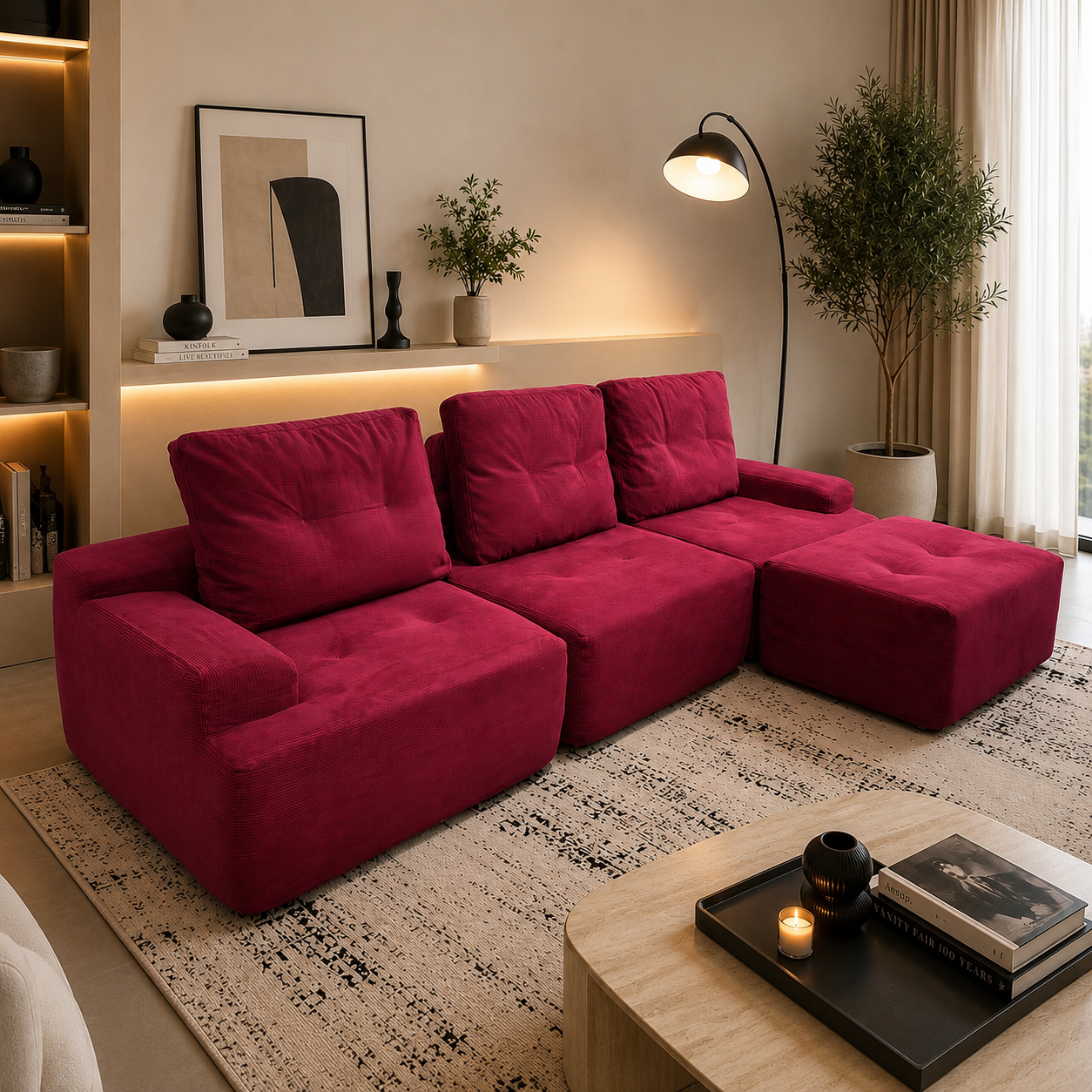 Corduroy Modular Sofa | 3 Seats + Ottoman | Cloud Sofa | Rollé® Qatar