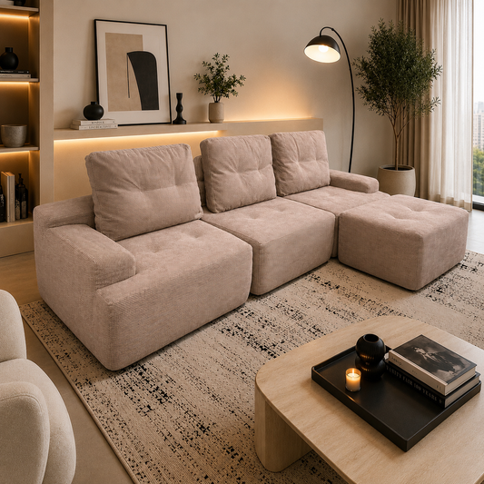 Corduroy Modular Sofa | 3 Seats + Ottoman | Cloud Sofa | Rollé® Qatar