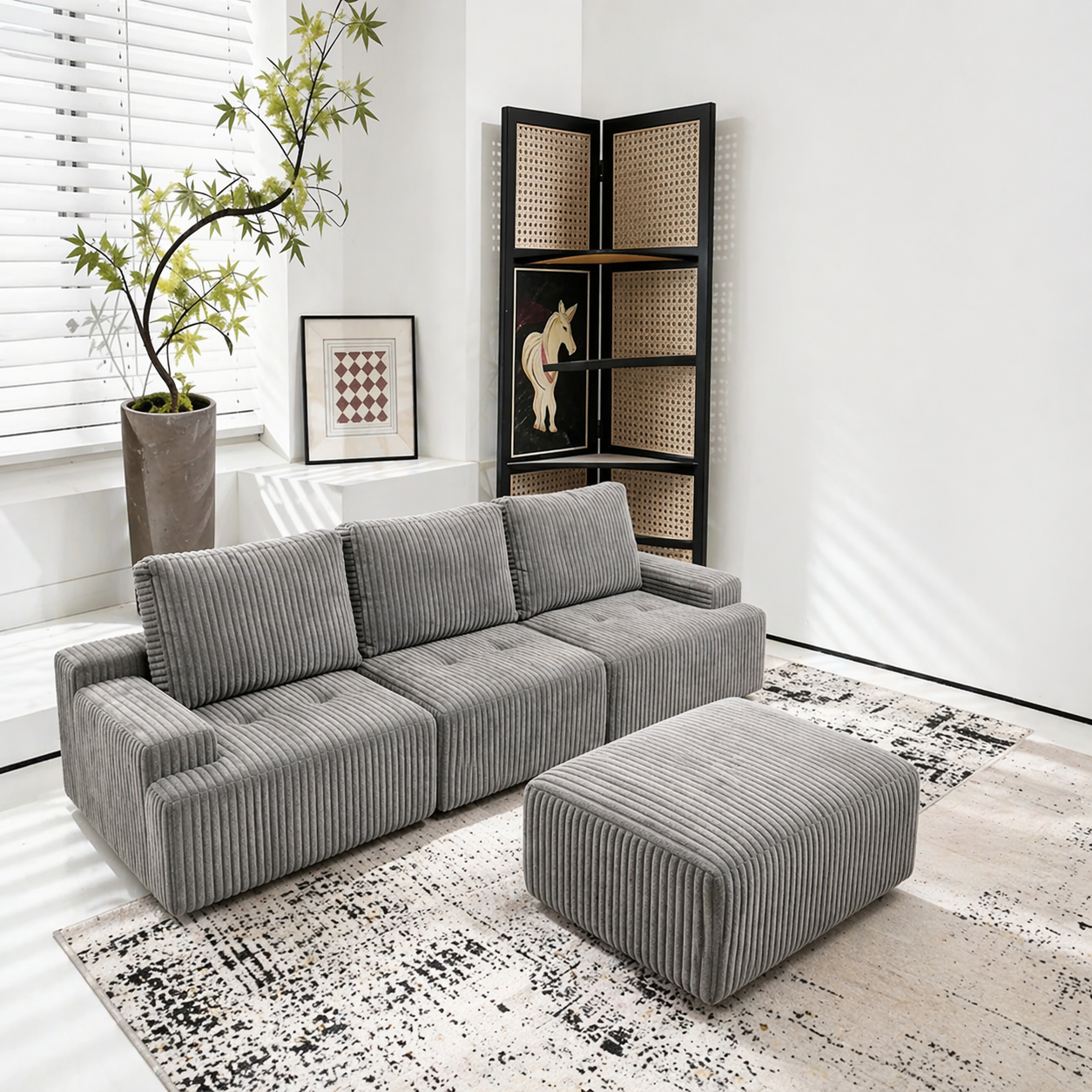 Corduroy Modular Sofa | 3 Seats + Ottoman | Cloud Sofa | Rollé® Qatar