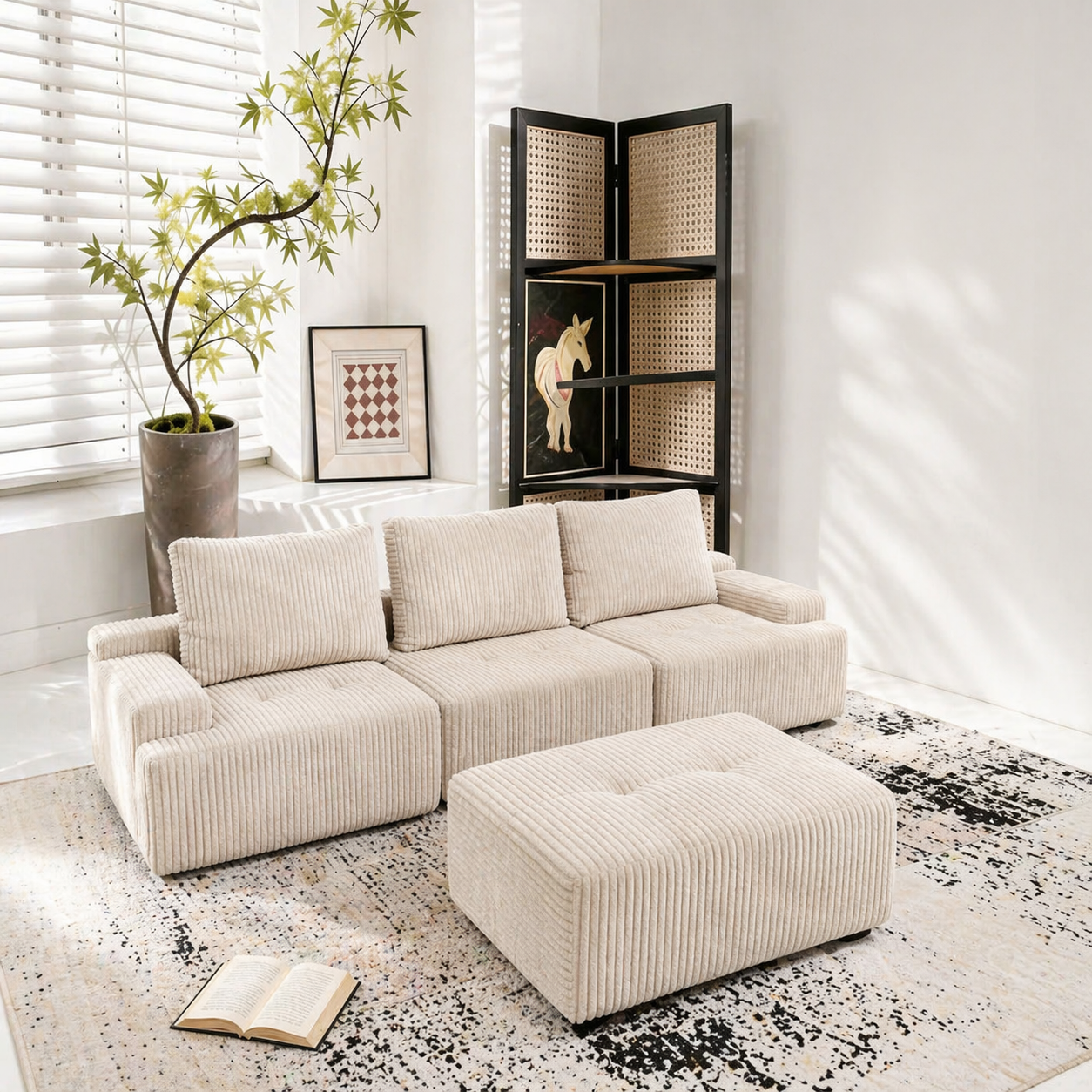Corduroy Modular Sofa | 3 Seats + Ottoman | Cloud Sofa | Rollé® Qatar